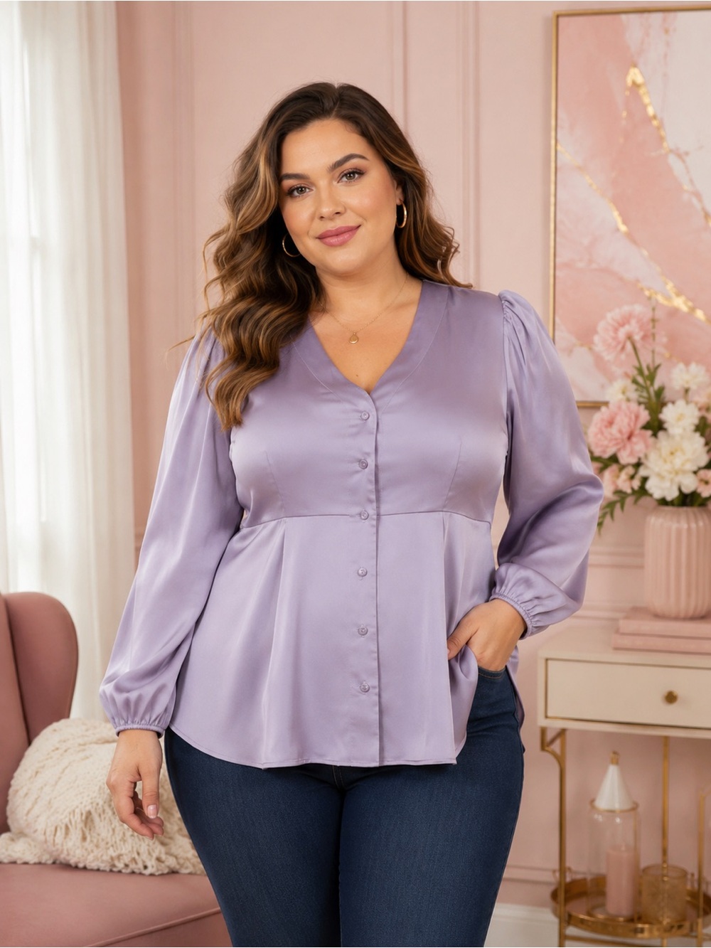 torrid Lavender Satin V-Neck Button-Front Peplum Blouse